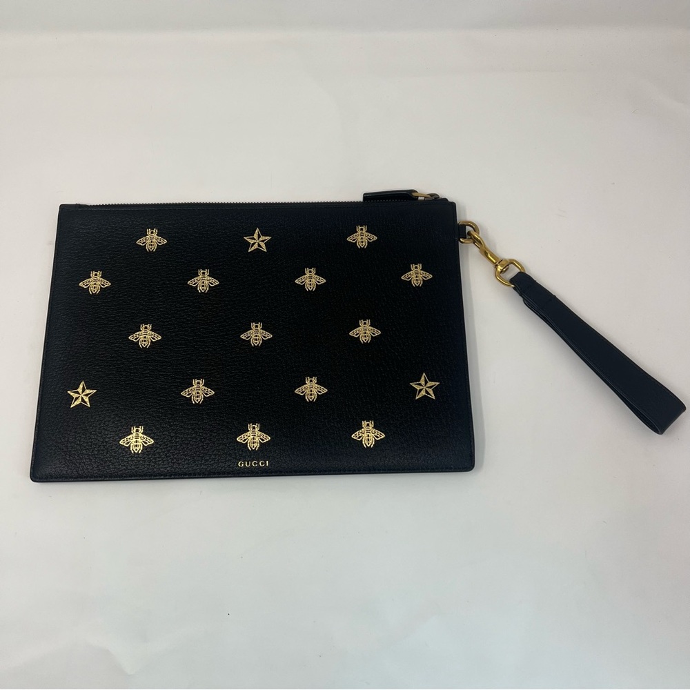 Gucci Black & Gold Black Leather Bee Star Wristlet Clutch